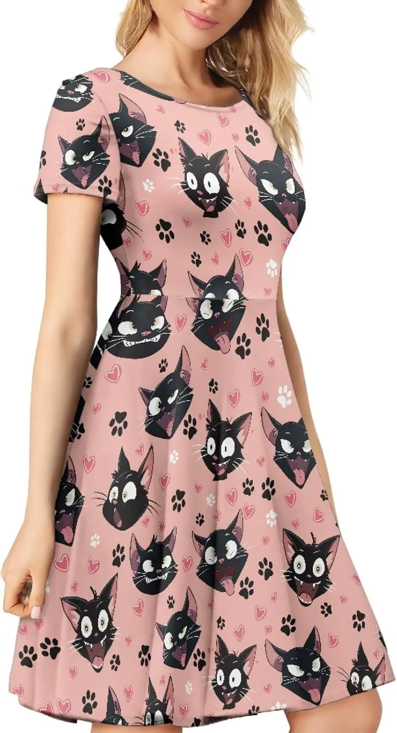 Forchrinse Cute Cow Women Summer Dresses Round Neck Mini Dress Loose Short Sleeve Dresses