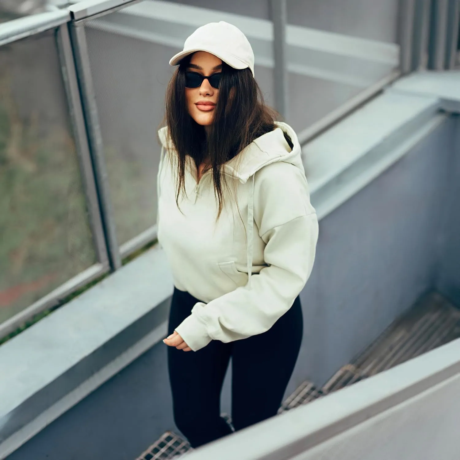 French Terry Cropped Zip Up Hoodies Sweatshirt for Women Half Zip Pullover Sweater Hoodie Workout Jacket