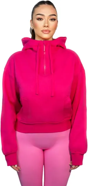 French Terry Cropped Zip Up Hoodies Sweatshirt for Women Half Zip Pullover Sweater Hoodie Workout Jacket