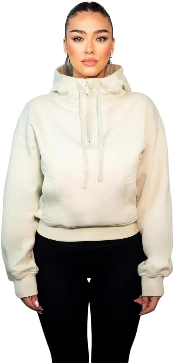 French Terry Cropped Zip Up Hoodies Sweatshirt for Women Half Zip Pullover Sweater Hoodie Workout Jacket