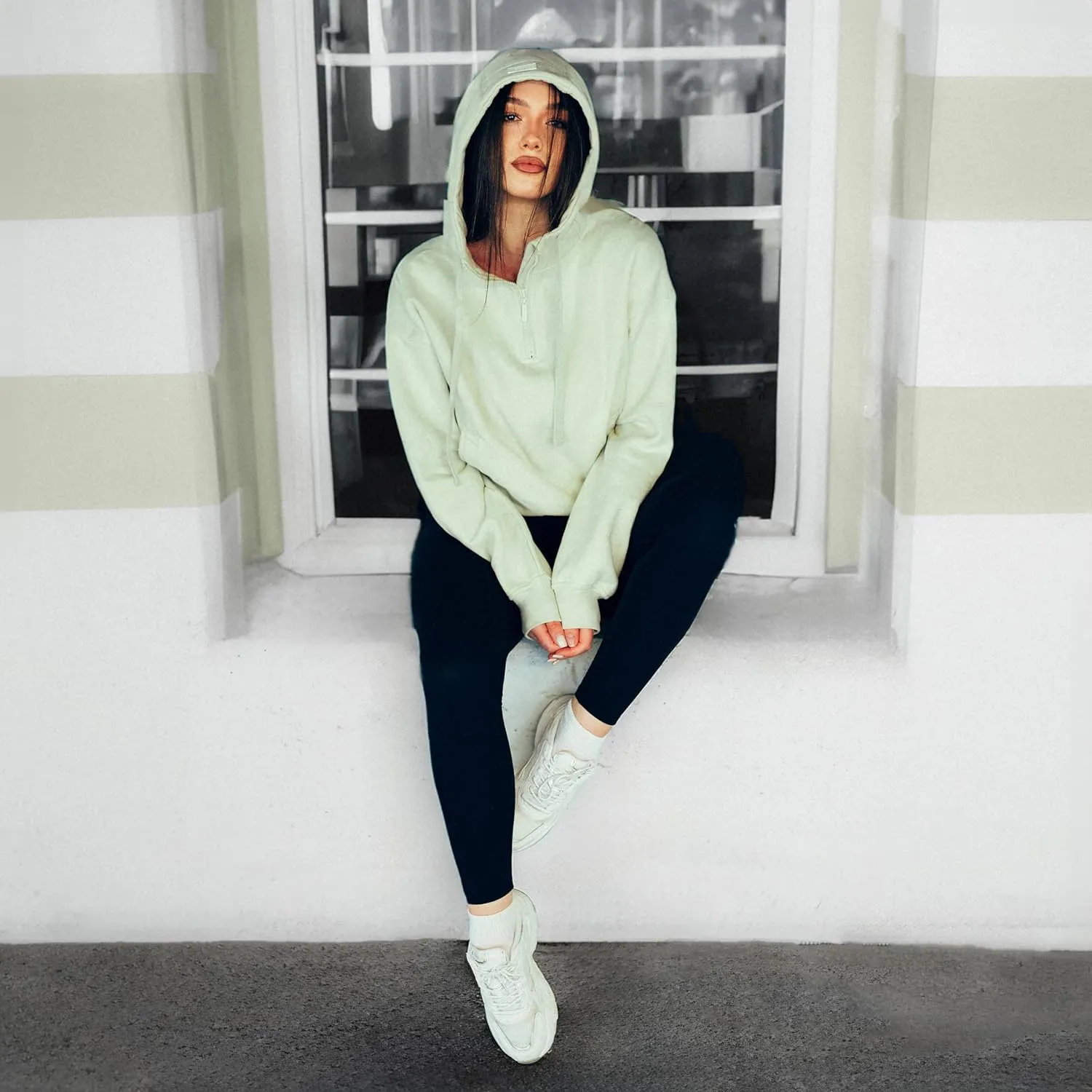 French Terry Cropped Zip Up Hoodies Sweatshirt for Women Half Zip Pullover Sweater Hoodie Workout Jacket