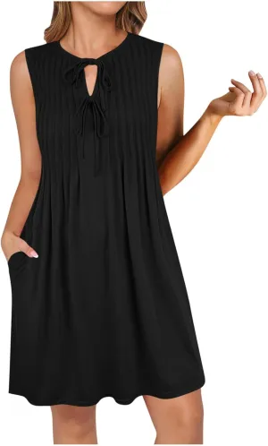 FZYLQY 2025 Women's Summer Dress Casual Tie Front Sleeveless V Neck Sundresses Ruffle Beach Shift Dress with Pockets