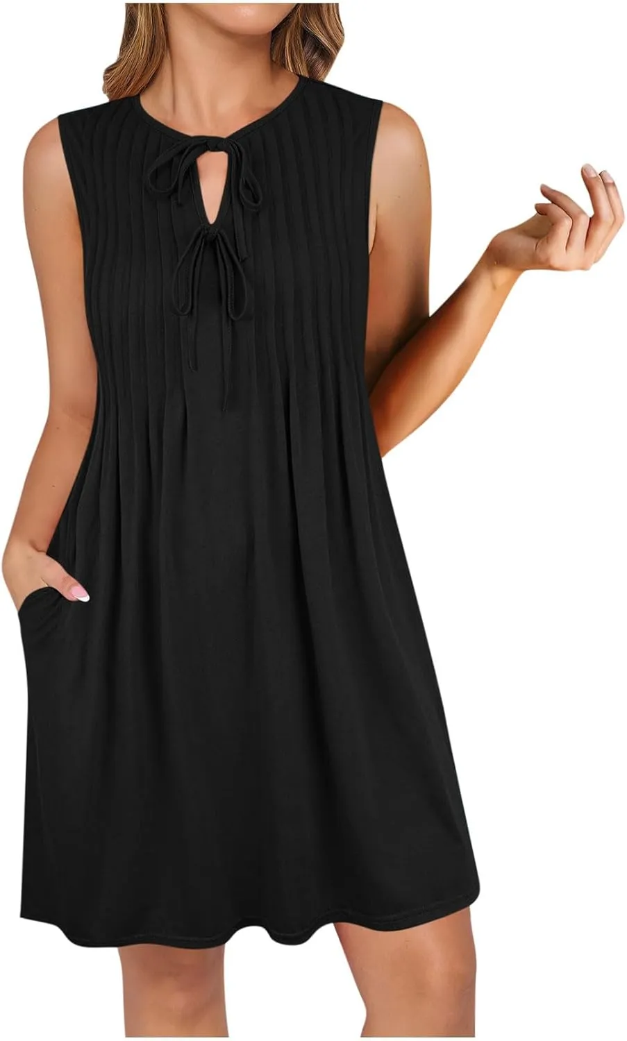 FZYLQY 2025 Women's Summer Dress Casual Tie Front Sleeveless V Neck Sundresses Ruffle Beach Shift Dress with Pockets
