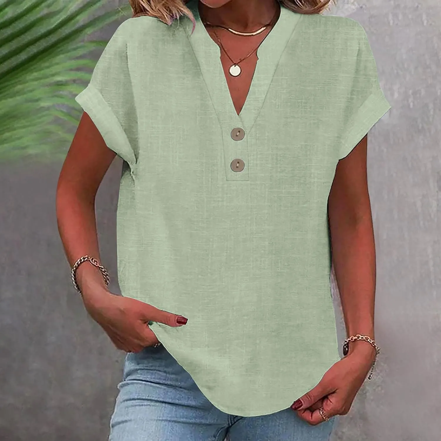 Gauze Shirts for Women Plus Size Linen Short Sleeve Cute Summer Tops Notched V Neck Button Loose Dressy Blouses