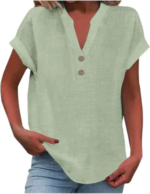 Gauze Shirts for Women Plus Size Linen Short Sleeve Cute Summer Tops Notched V Neck Button Loose Dressy Blouses