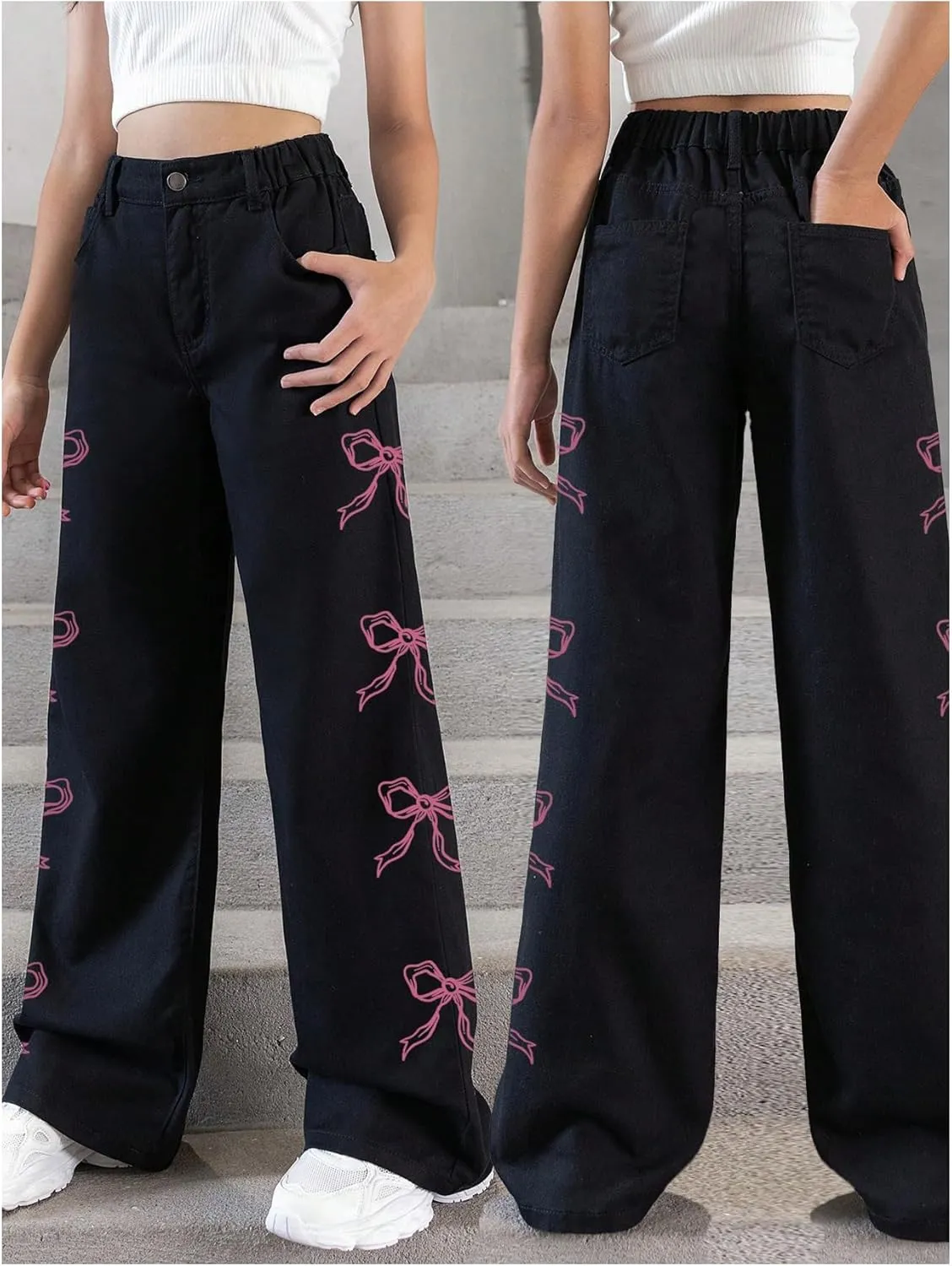 Girl's Bow Graphic Wide Leg Jeans Elastic High Waisted Denim Pants with Pockets
