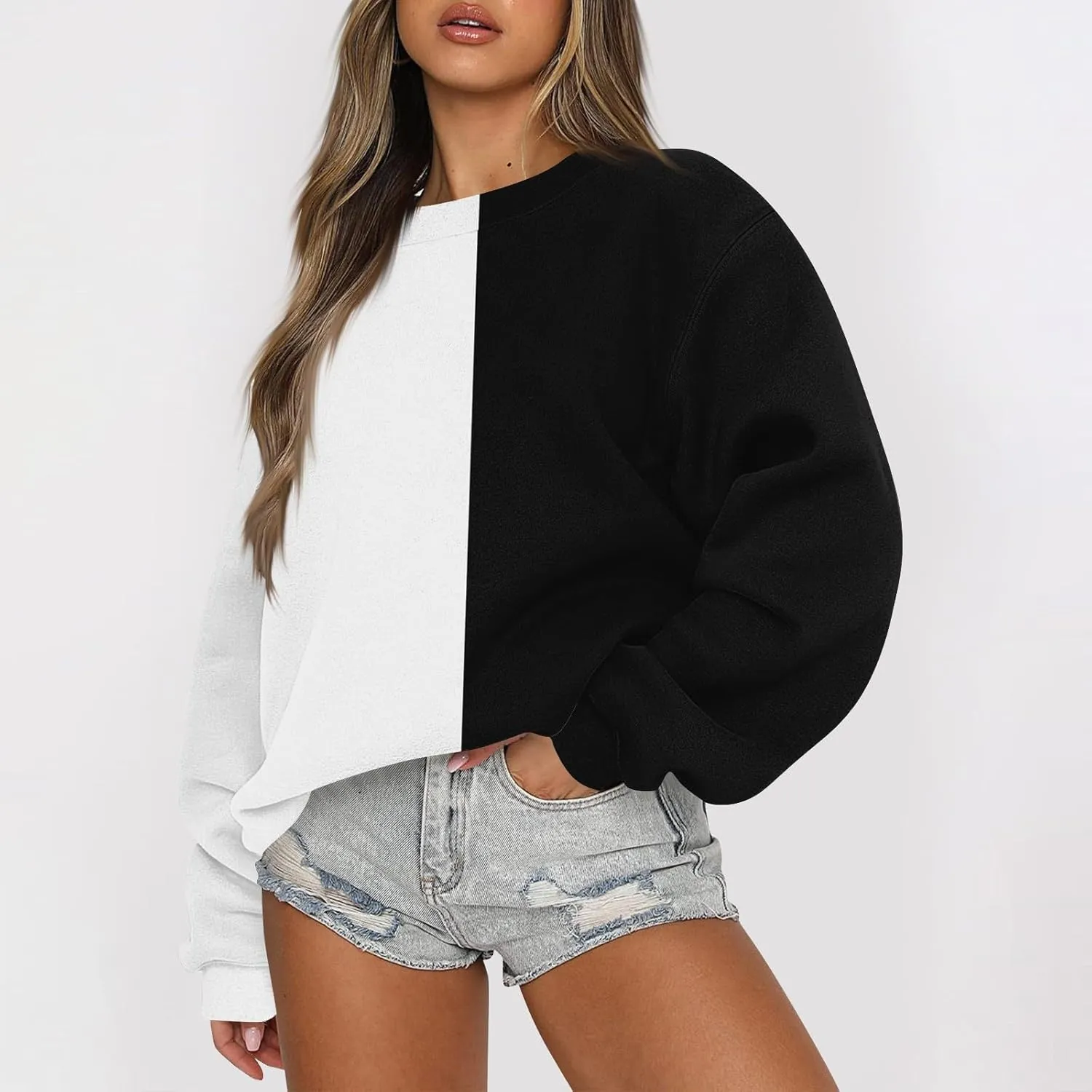 GOFULY Crew Neck Oversized Sweatshirt For Girls Long Sleeve Fall Tops Crop Striped Color Block Sweatshirts Winter Pullover