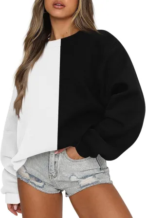 GOFULY Crew Neck Oversized Sweatshirt For Girls Long Sleeve Fall Tops Crop Striped Color Block Sweatshirts Winter Pullover