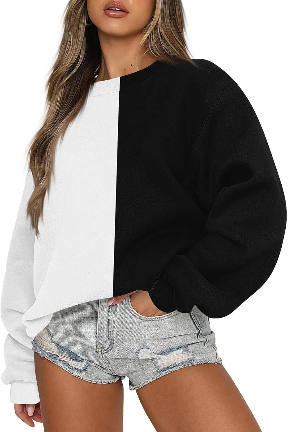 GOFULY Crew Neck Oversized Sweatshirt For Girls Long Sleeve Fall Tops Crop Striped Color Block Sweatshirts Winter Pullover