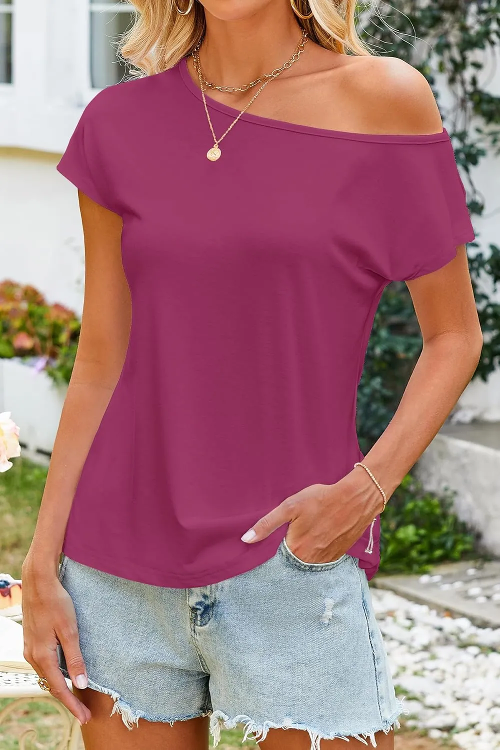 Halife Women's Casual Off The Shoulder Tops Short Sleeve T Shirts Loose Summer Blouse Shirt