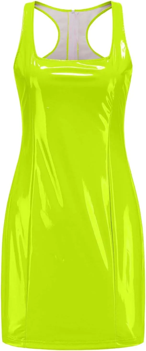 HGps8w Womens Faux PU Leather Mini Bodycon Dress Sexy Scoop Neck Sleeveless Party Club Night Evening Cocktail Dresses