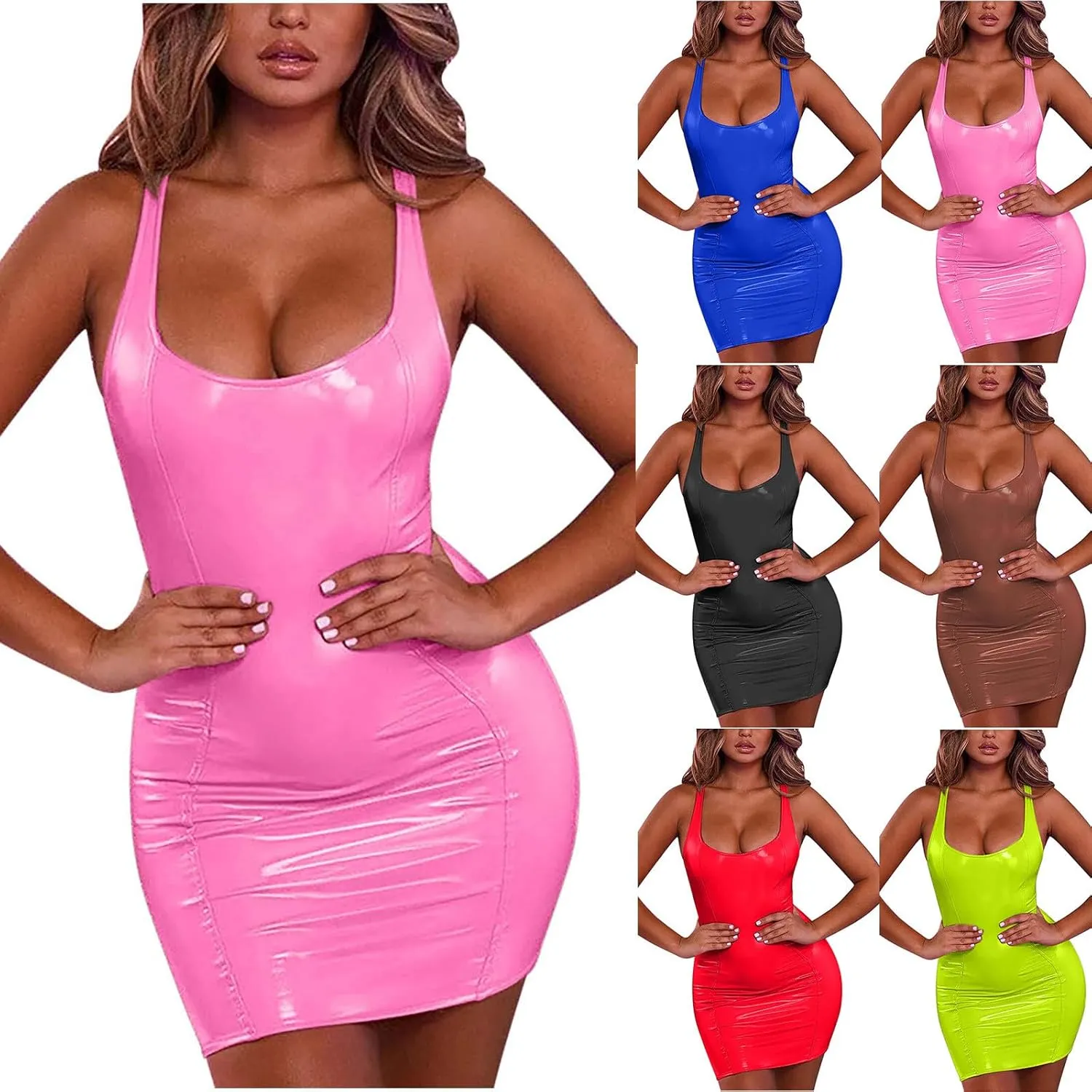 HGps8w Womens Faux PU Leather Mini Bodycon Dress Sexy Scoop Neck Sleeveless Party Club Night Evening Cocktail Dresses