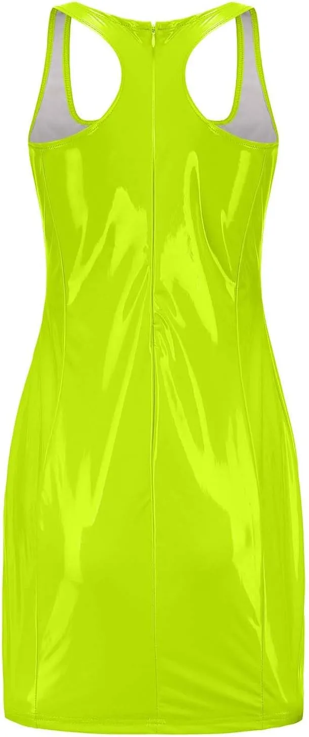 HGps8w Womens Faux PU Leather Mini Bodycon Dress Sexy Scoop Neck Sleeveless Party Club Night Evening Cocktail Dresses