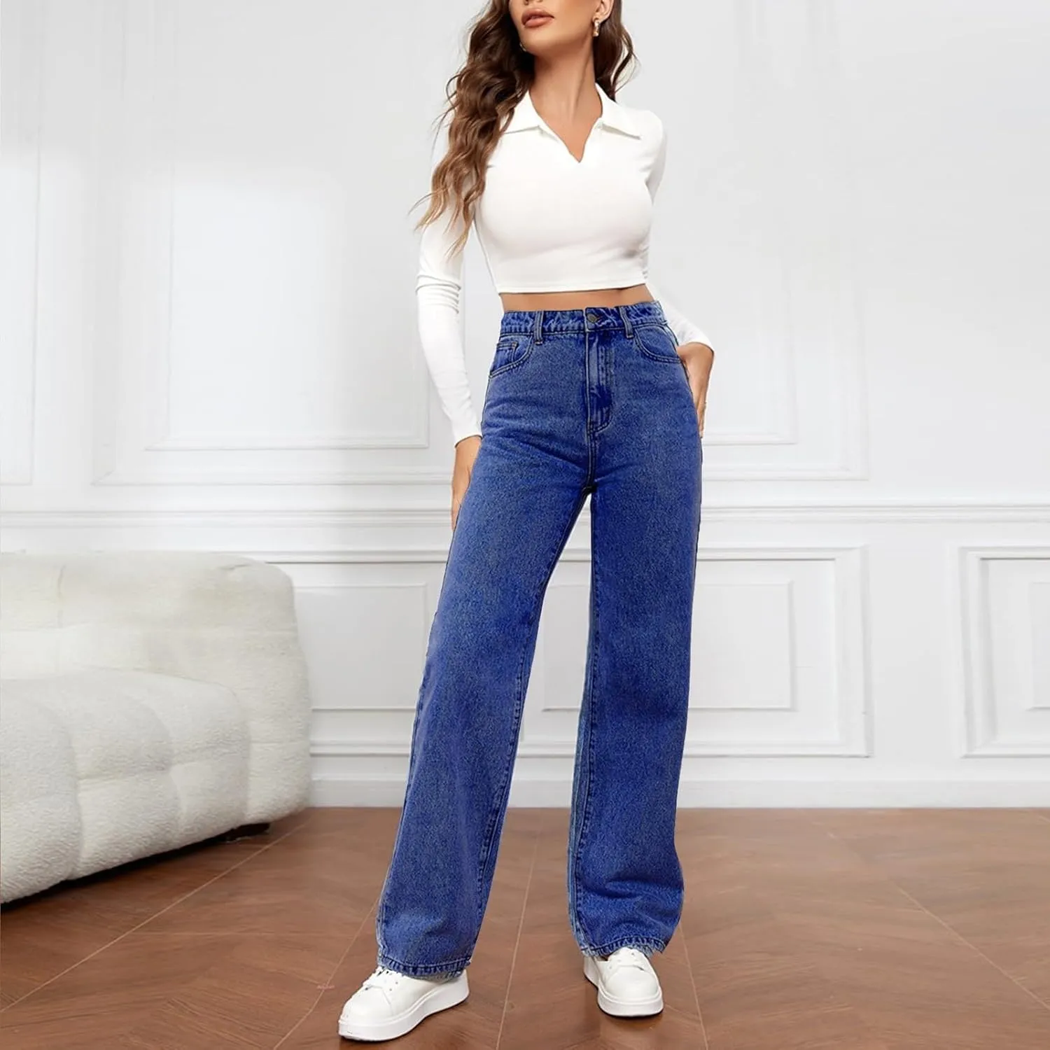 High Waisted Straight Leg Jeans for Women Boyfriend Comfy Baggy Jeans Vintage Sweatpant Jeans Denim Pants with Pockets