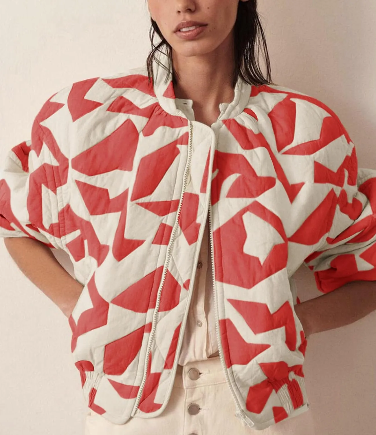 Hongsui Women's Printed Quilted Jacket Zip Up Puffer Jacket Lightweight Patchwork Bomber Jacket