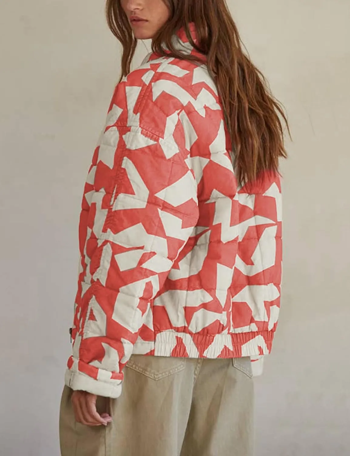 Hongsui Women's Printed Quilted Jacket Zip Up Puffer Jacket Lightweight Patchwork Bomber Jacket