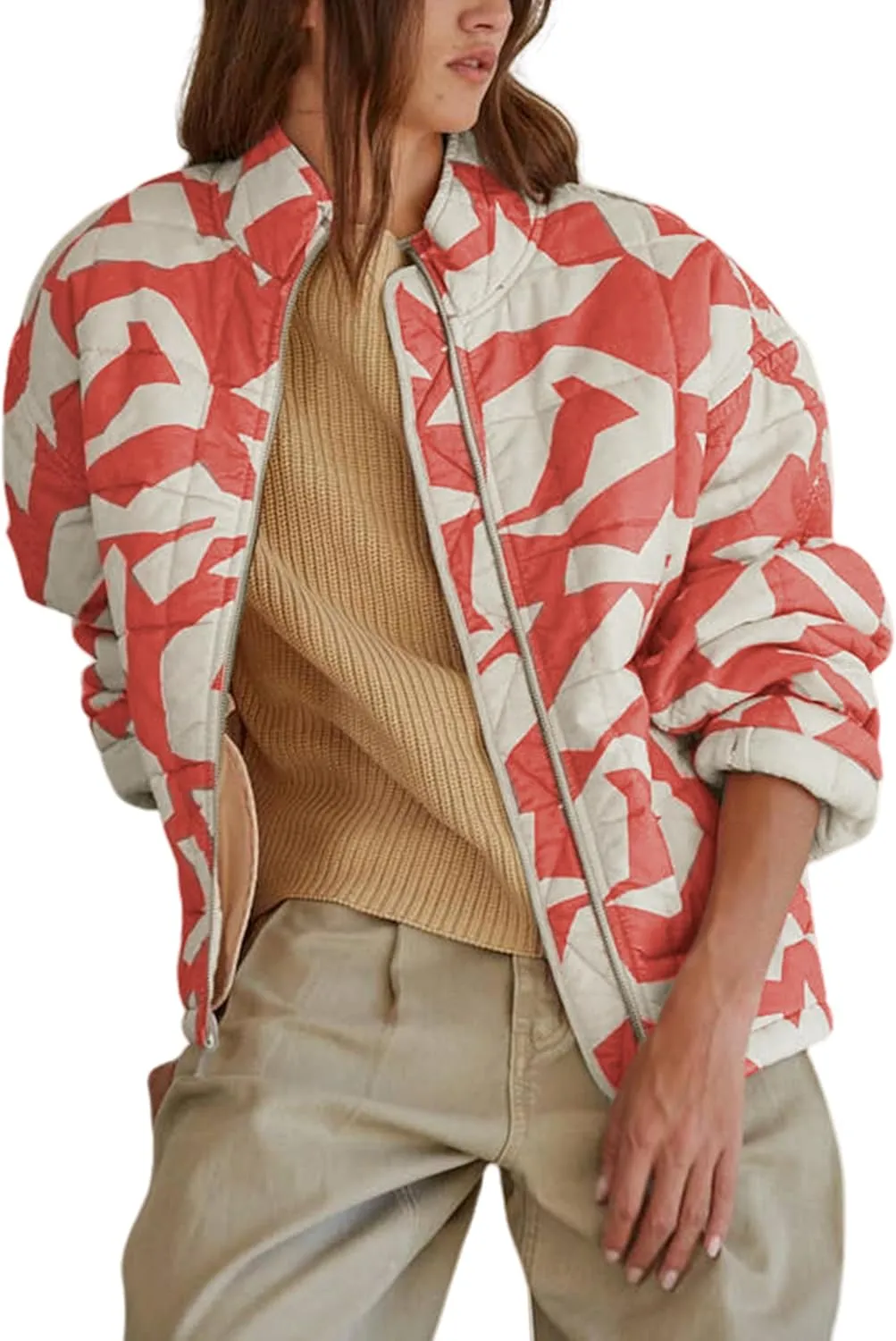 Hongsui Women's Printed Quilted Jacket Zip Up Puffer Jacket Lightweight Patchwork Bomber Jacket