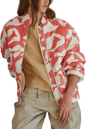 Hongsui Women's Printed Quilted Jacket Zip Up Puffer Jacket Lightweight Patchwork Bomber Jacket