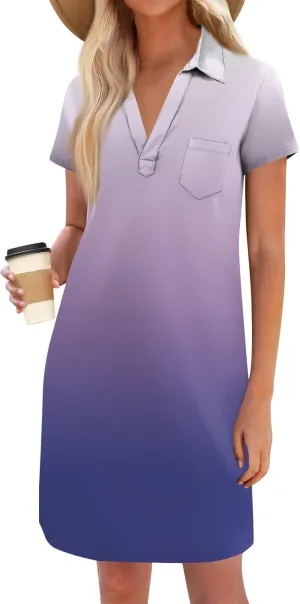 HXHYQKP Shift Dresses for Women 2025 Summer Short Sleeve Mini T-Shirt Dress V Neck Loose Beach Cover Up Shirts