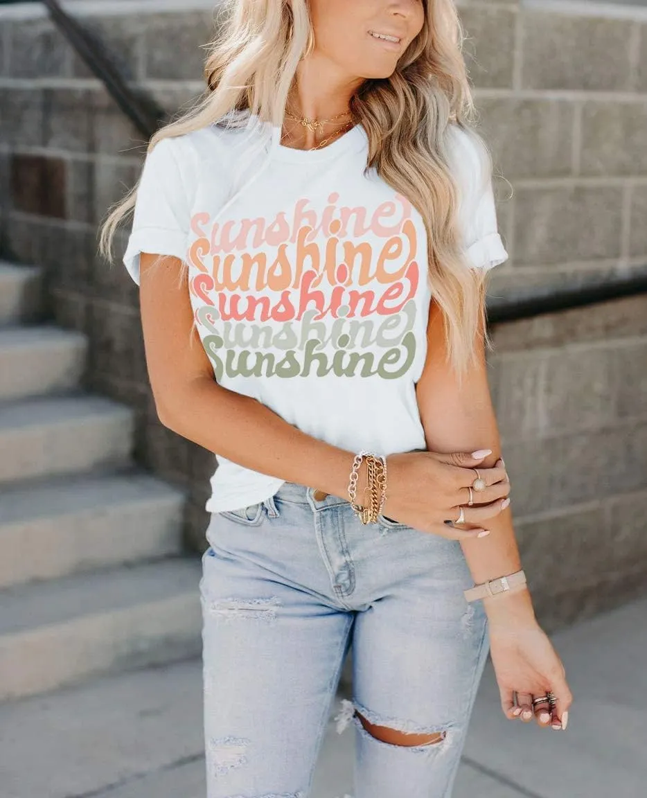 INFITTY Womens Funny Letters Print T Shirts Short Sleeve Shirts Cute Sunshine Graphic Tees Summer Casual Loose Tops