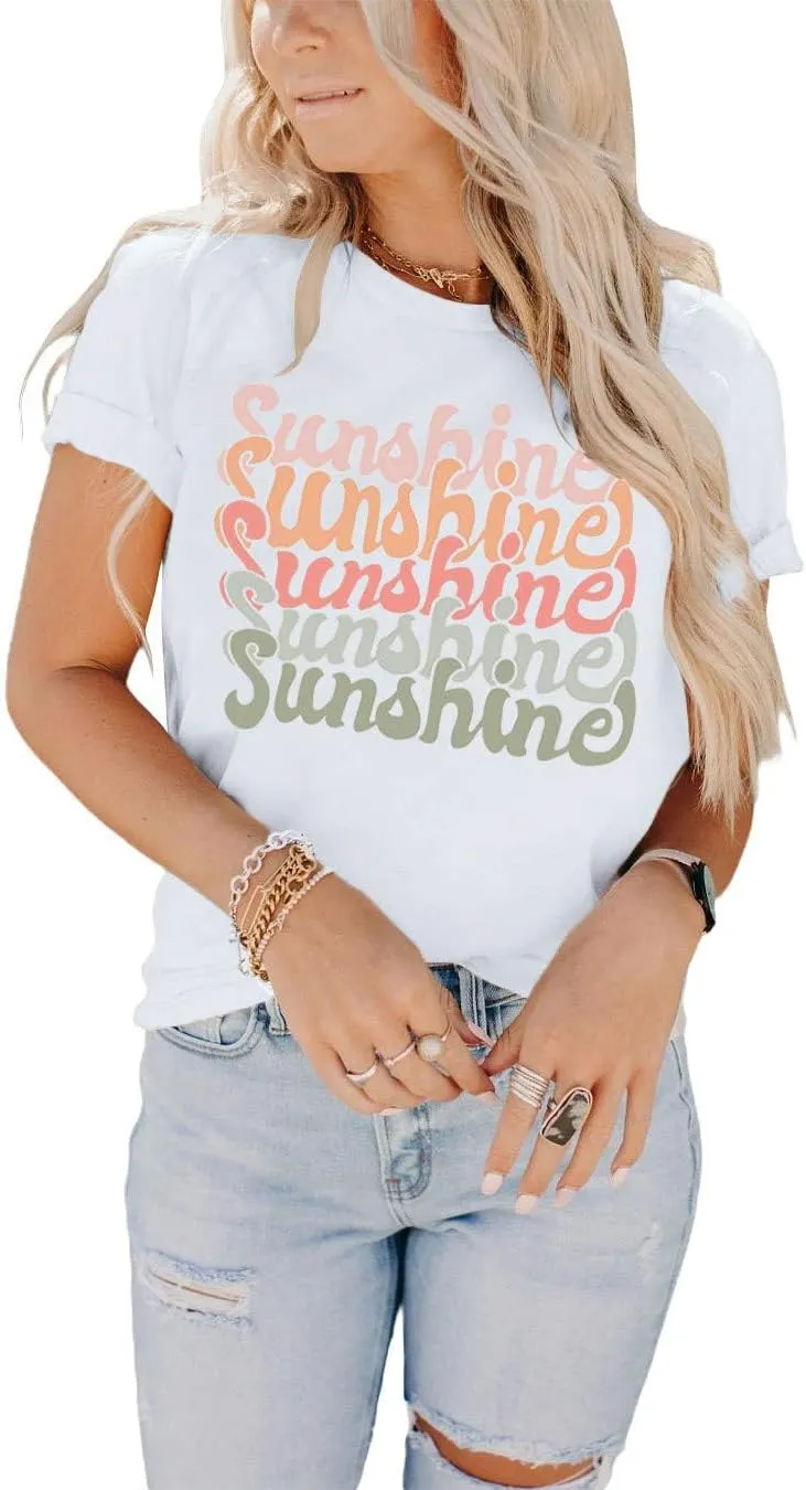 INFITTY Womens Funny Letters Print T Shirts Short Sleeve Shirts Cute Sunshine Graphic Tees Summer Casual Loose Tops