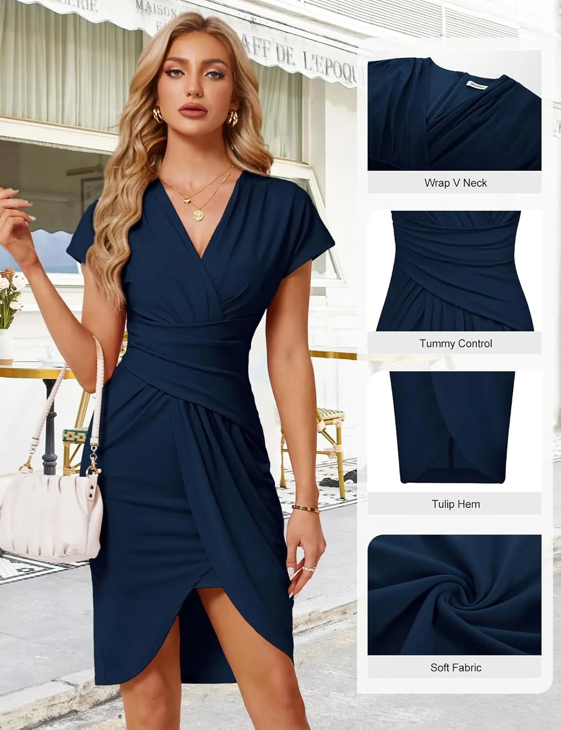 JASAMBAC Women's Wear to Work Dresses 2024 Professional Trendy Bodycon Wrap Dress Office Business Casual Short Sleeve Dresses