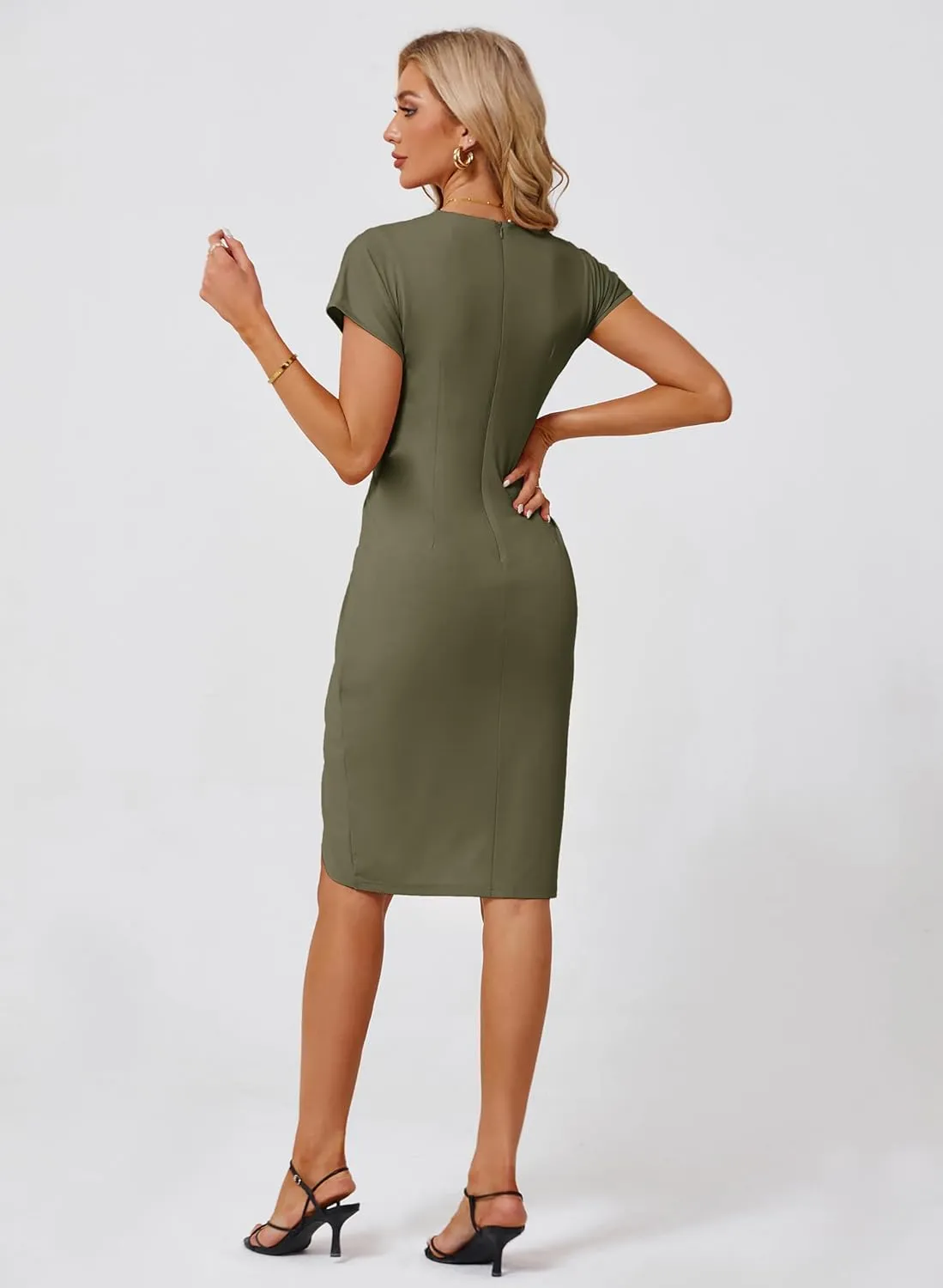 JASAMBAC Women's Wear to Work Dresses 2024 Professional Trendy Bodycon Wrap Dress Office Business Casual Short Sleeve Dresses