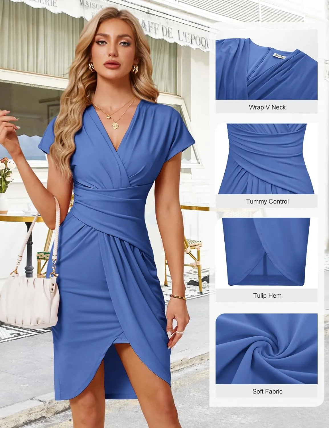 JASAMBAC Women's Wear to Work Dresses 2024 Professional Trendy Bodycon Wrap Dress Office Business Casual Short Sleeve Dresses
