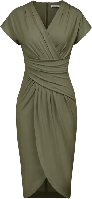 JASAMBAC Women's Wear to Work Dresses 2024 Professional Trendy Bodycon Wrap Dress Office Business Casual Short Sleeve Dresses