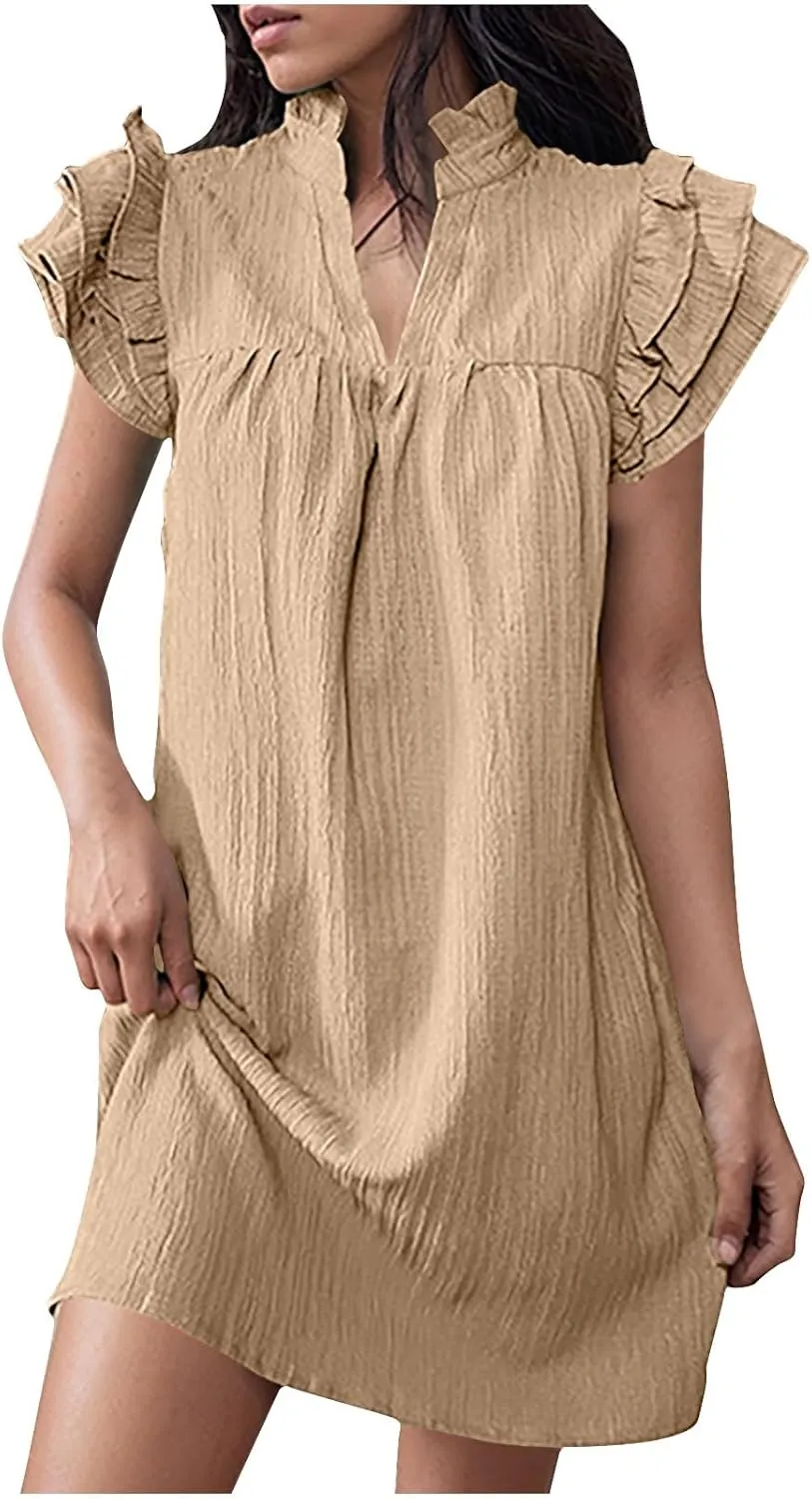 JOAU Womens Summer Dress 2024 Ruffle Short Sleeve V Neck A-Line Mini Dresses Casual Loose Mock Neck Babydoll Shift Dress