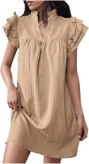 JOAU Womens Summer Dress 2024 Ruffle Short Sleeve V Neck A-Line Mini Dresses Casual Loose Mock Neck Babydoll Shift Dress