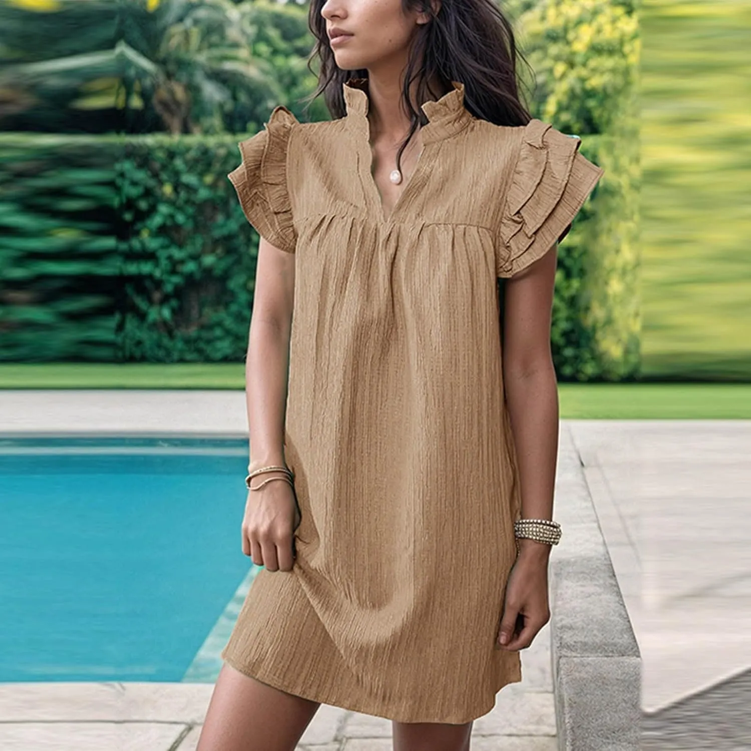 JOAU Womens Summer Dress 2024 Ruffle Short Sleeve V Neck A-Line Mini Dresses Casual Loose Mock Neck Babydoll Shift Dress