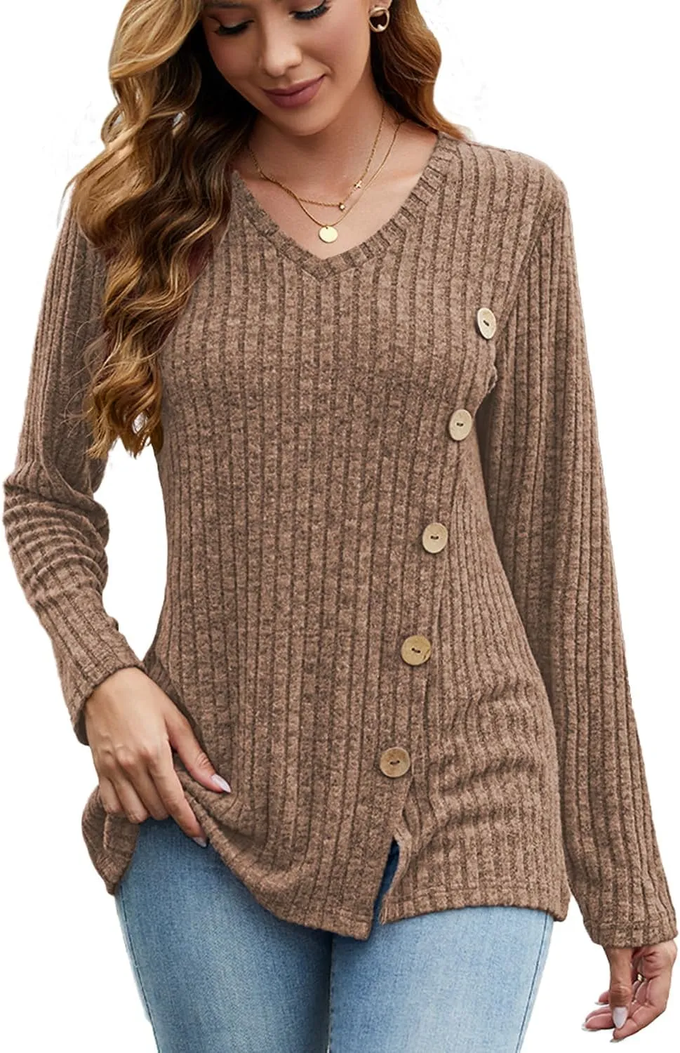 JomeDesign Womens Sweaters Long Sleeve Shirts V Neck Sweatshirt Loose Casual Tunic Tops