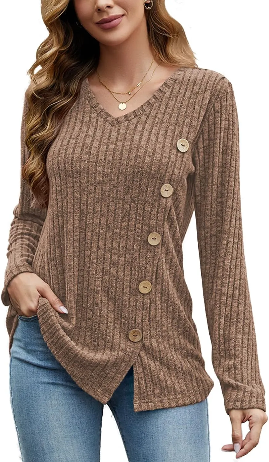 JomeDesign Womens Sweaters Long Sleeve Shirts V Neck Sweatshirt Loose Casual Tunic Tops