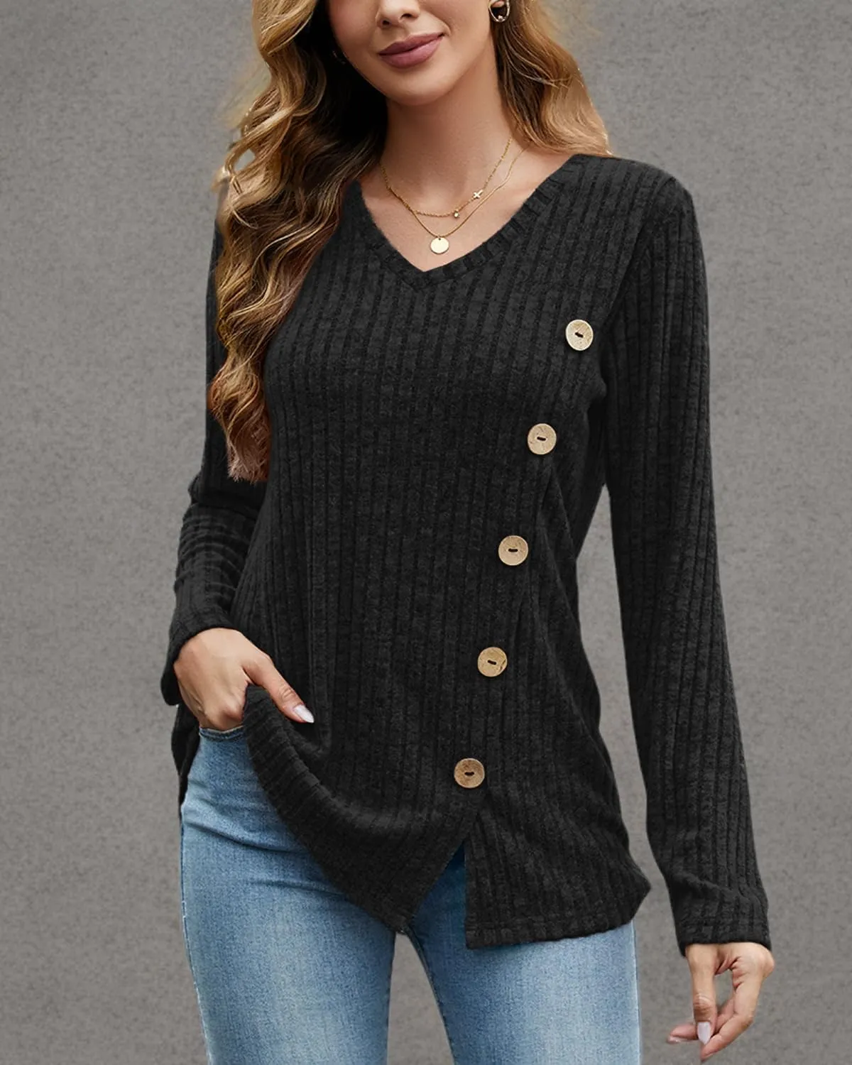 JomeDesign Womens Sweaters Long Sleeve Shirts V Neck Sweatshirt Loose Casual Tunic Tops