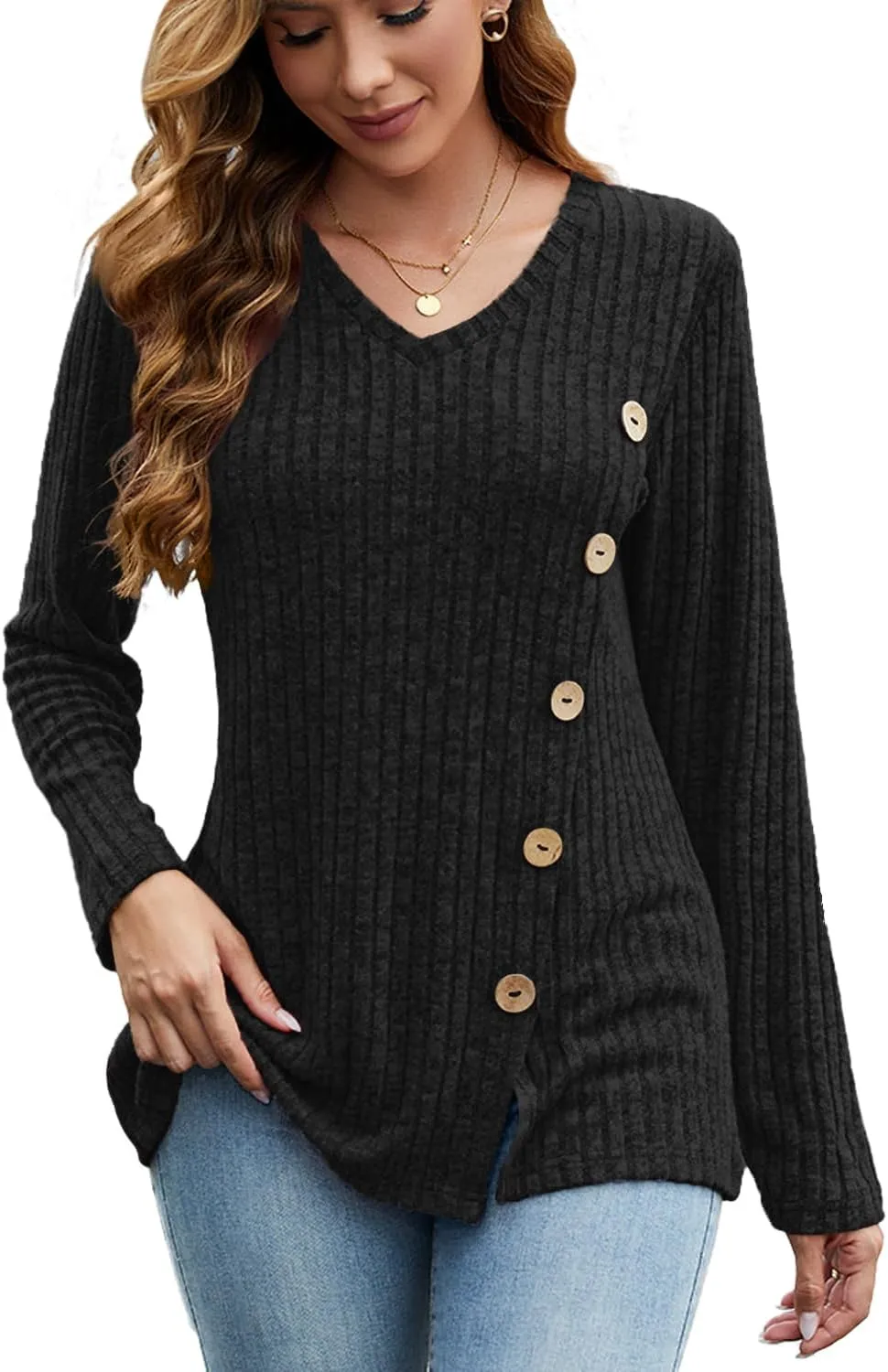 JomeDesign Womens Sweaters Long Sleeve Shirts V Neck Sweatshirt Loose Casual Tunic Tops
