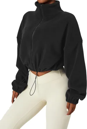 Kissonic Women's Oversized Zip Up Hoodies Cropped Long Sleeve Sherpa Pullover with Drawstring