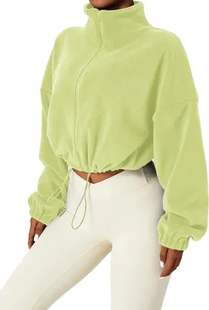 Kissonic Women's Oversized Zip Up Hoodies Cropped Long Sleeve Sherpa Pullover with Drawstring