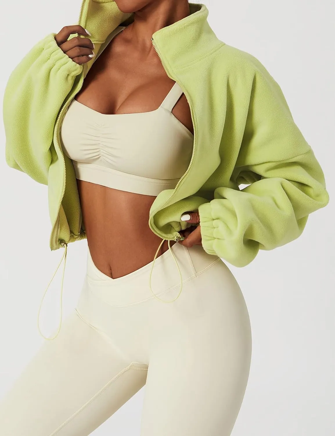 Kissonic Women's Oversized Zip Up Hoodies Cropped Long Sleeve Sherpa Pullover with Drawstring