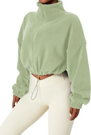 Kissonic Women's Oversized Zip Up Hoodies Cropped Long Sleeve Sherpa Pullover with Drawstring