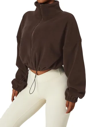 Kissonic Women's Oversized Zip Up Hoodies Cropped Long Sleeve Sherpa Pullover with Drawstring