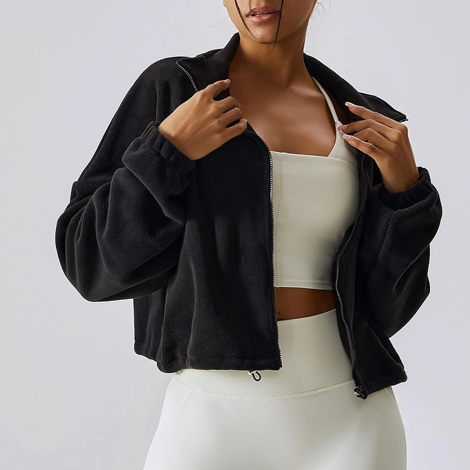 Kissonic Women's Oversized Zip Up Hoodies Cropped Long Sleeve Sherpa Pullover with Drawstring