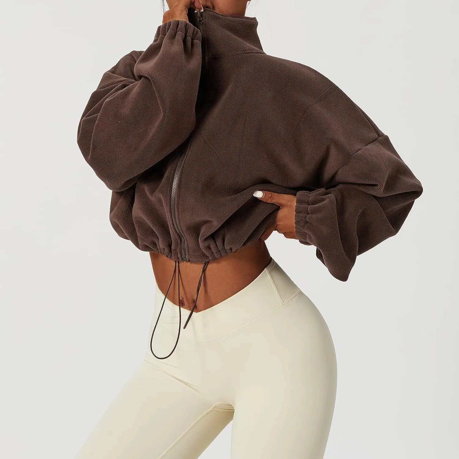 Kissonic Women's Oversized Zip Up Hoodies Cropped Long Sleeve Sherpa Pullover with Drawstring