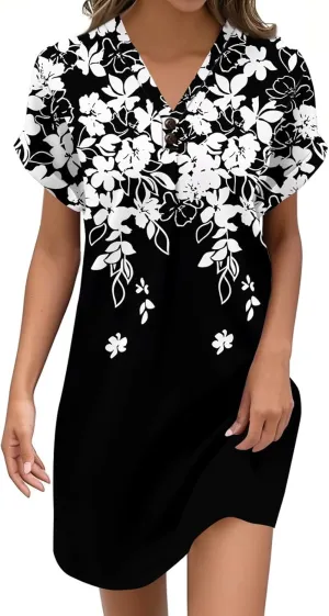 KUIOLYPOER Womens Summer Shirt Dress Short Sleeve Floral Shift Button Dress Casual Loose Flowy Beach Sundress