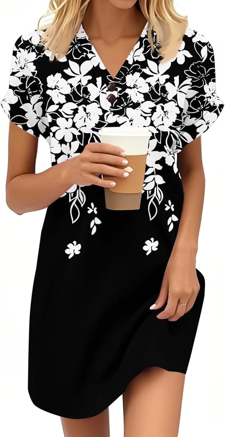 KUIOLYPOER Womens Summer Shirt Dress Short Sleeve Floral Shift Button Dress Casual Loose Flowy Beach Sundress
