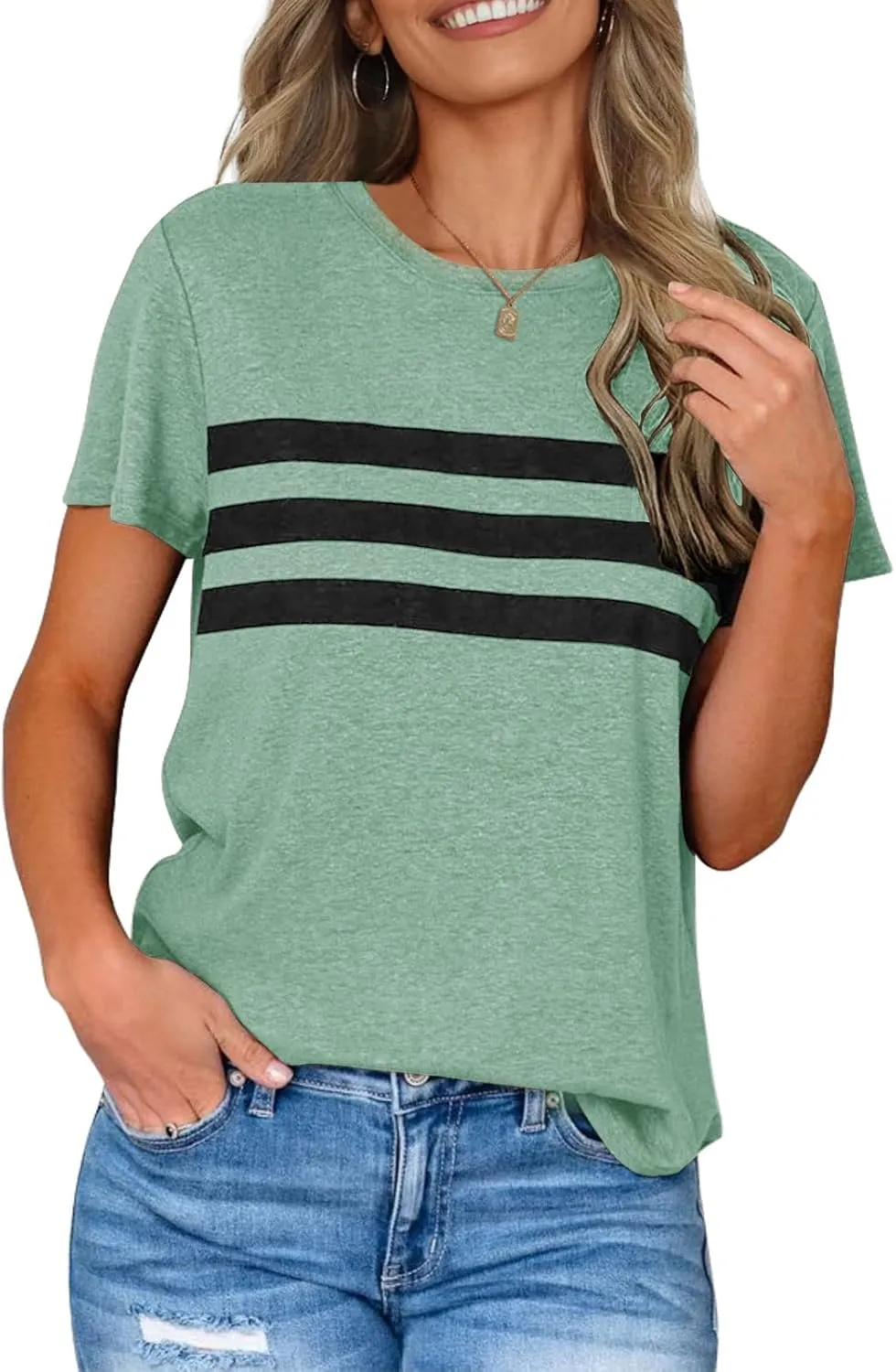 LEANI Women’s Short Sleeve T Shirts Crewneck Striped Color Block Tunic Tops Loose Casual Summer Tee