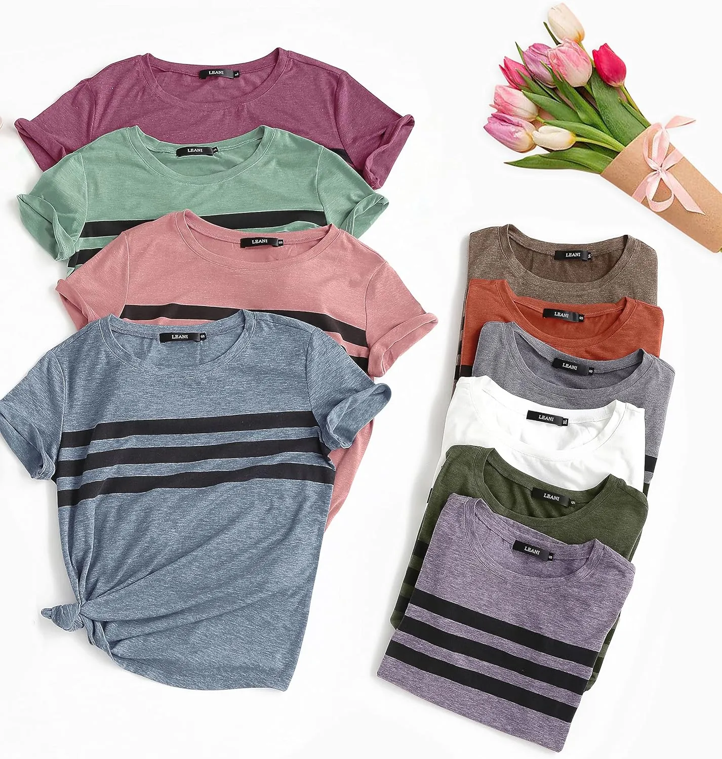 LEANI Women’s Short Sleeve T Shirts Crewneck Striped Color Block Tunic Tops Loose Casual Summer Tee