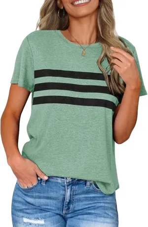 LEANI Women’s Short Sleeve T Shirts Crewneck Striped Color Block Tunic Tops Loose Casual Summer Tee