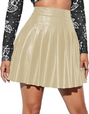 Leather Pleated Skirt for Women High Waist Mini Skirts Flared Solid Short Skirt Rave Club Party Skater Skirt