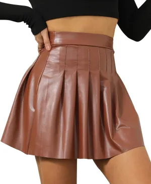Leather Pleated Skirt for Women High Waist Mini Skirts Flared Solid Short Skirt Rave Club Party Skater Skirt